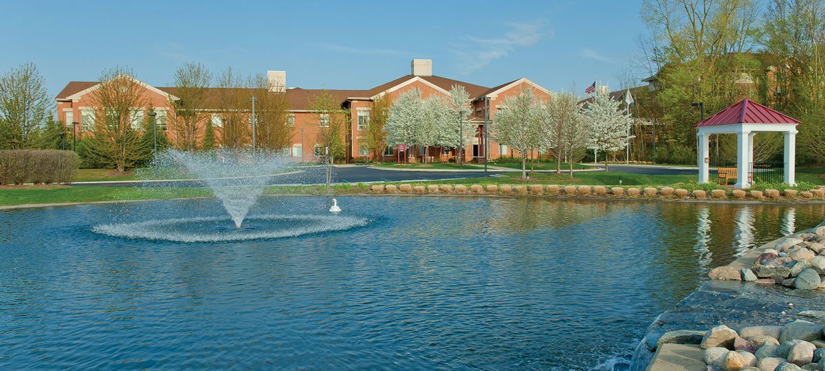 Fountain view next to a gazebo on the Fox Run campus.
