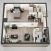 3D floor plan of the Ellicott apartment at Linden Ponds Senior Living in Hingham, MA.