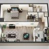 3D floor plan of the Ellicott apartment at Linden Ponds Senior Living in Hingham, MA.